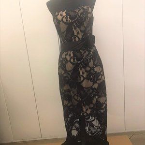 Strapless High Low Belted Sleeveless Lace Dress